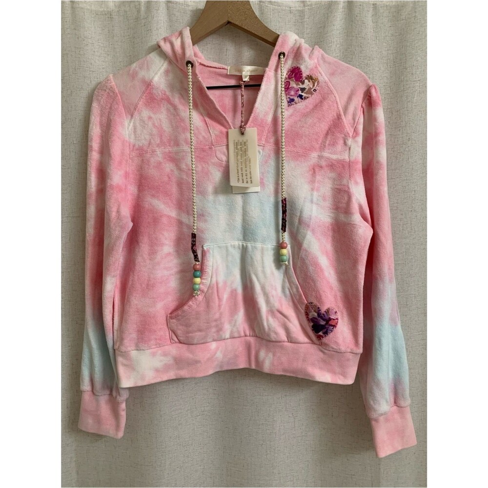 LoveShackFancy 100% Cotton Pink Tie-Dye Terry Cloth Hoodie with Heart Appliqués